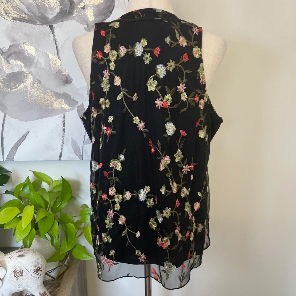 Black Embroidered Floral Mesh Top Tie Neck Dark Romantic Fairy Boho Whimsigoth - Picture 4 of 8